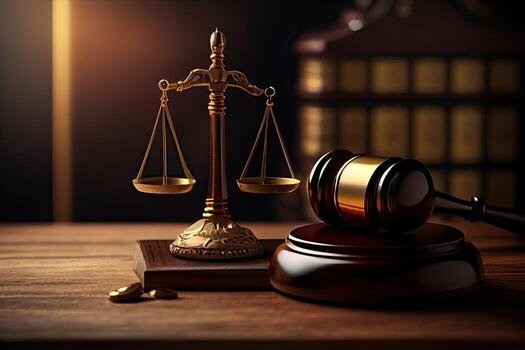 judge gavel with justice lawyers having team meeting at law firm in background concepts of law generative ai photo